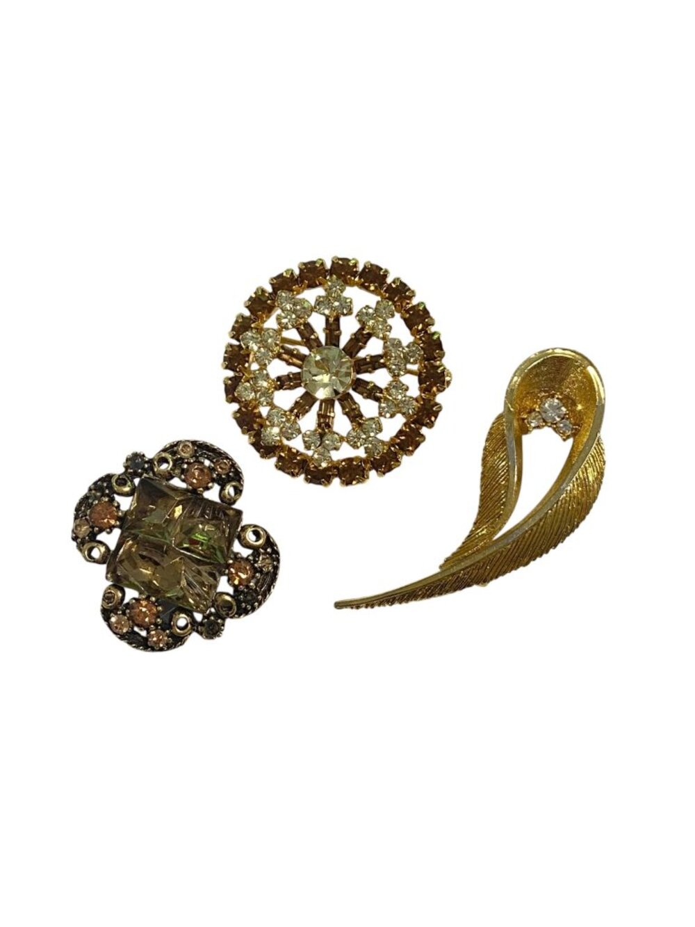 Set Of 3 Vintage Gold & Amber Rhinestone Brooches - Mid-Century Glamour 1950s-19